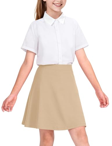 KEREDA Girls Uniform Skirts with Undershorts Casual High Waist Stretchy A-Line Skirts Soft Skorts Fashion Clothes Khaki 9-10 Years