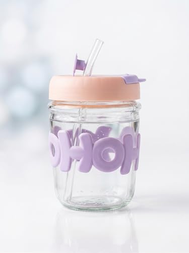 Image of Kavora Glass Water Tumbler with Straw and Lid Sealed Carry On Thick Wall Iced Coffee Cup Glass Sipper Cup for Water, Iced Tea Fruit Juice Set of 1, 400ml (Clear) (Purple)