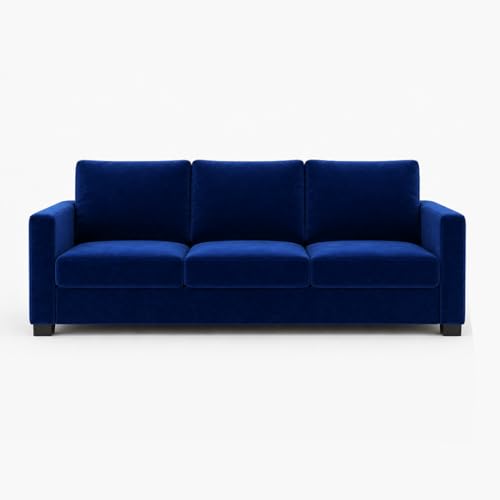 Image of FURNY Haster 3 Seater + 2 Seater Fabric Sofa Set with 1 Ottoman (Dark Blue) with Velvet Finish | Durable Comfort | Ideal for Living Room