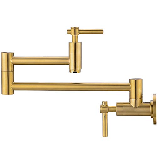 Pot Filler Faucet, Brass Kitchen Faucet Wall Mount Gold Lead-Free, Double Joint Swing Arm Sink Faucet, Articulating Wall Mount Two Handle Folding Stretchable Faucet Gold