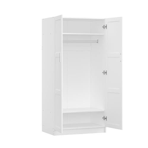 Panana Modern 2 Door Wardrobe Bedroom Armoires Closet Clothing Storage Cupboard with 2 Shelves & Hanging Rod for Bedroom (White) - Image 5