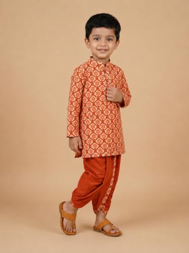 Image of The Mom Store Baby /Kids Boys Dhoti Kurta Set | Dhoti and Kurta | 100% Cotton | Comfortable | Ethnic | Festive Look | Block Prints | Colored Dhoti | Blue