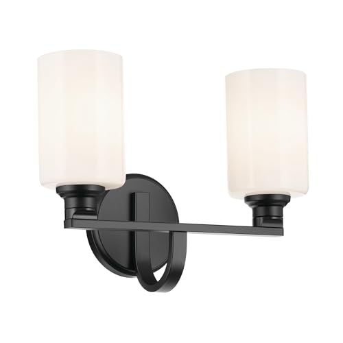 Image of Kichler Gioe 2-Light Bathroom Vanity Light Fixture with Opal Glass, 14.25 in Modern Black Wall Sconce for Mirror, Damp Rated Lighting (14.25 in W x 10.5 in H), 55225BK