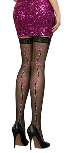 Medias de liga de Lycra 20 Deniers con elegante encaje floral de rosas rojas