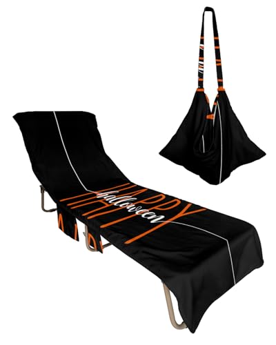 Happy Halloween Beach Chair Towel Covers for Chaise Lounge with Side Pocket, Soft Plush Pool Towels Cover for Patio Sunbathing Outdoor 29''x85'' Black Orange White English Letter