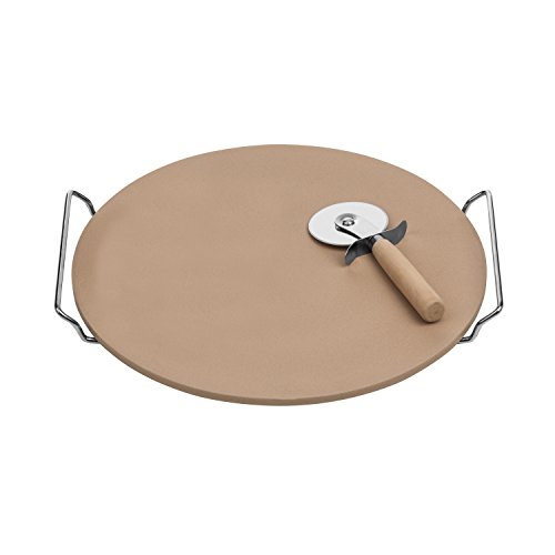 Premier Housewares Pizza Stone and Cutter Set with Stoneware Board/Chrome Stand, Natural, 4 x 35 x 33 cm, Set of 2