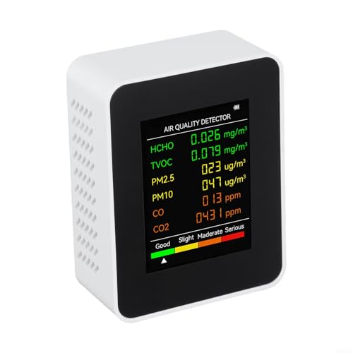 Sandyseptember Moniteur d'air multifonction 6 en 1 pour détection en temps réel PM2 5, PM10 et TVOC, grand écran portable pour la maison et le lieu de travail (blanc)