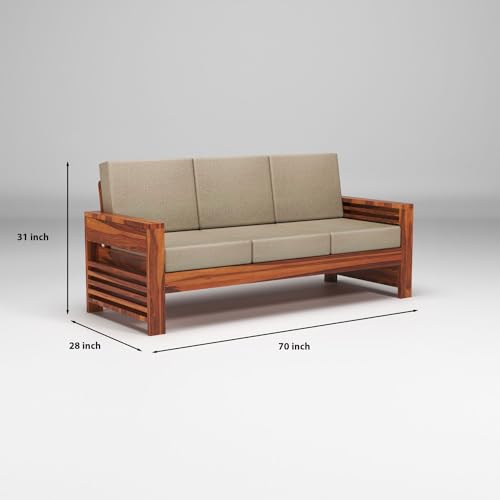 Image of Sheesham Wooden 3 Seater Sofa for Living Room | Rosewood 3 Seater Cushion Sofa with Side Teapoy for Home & Office | Solid Wood Sofa Set for Lounge (Honey,Grey,3 Seater)