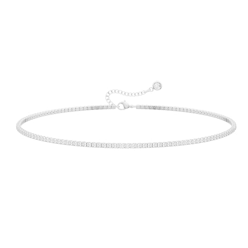 Robaice Tennis Necklace for Women, Silver Plated Rhinestone Choker Necklace for Women, Dainty Cubic Zirconia Cut Faux Diamond Chain 2mm