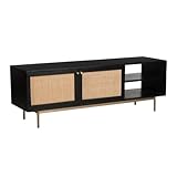 Pemberly Row Solid Wood with Natural Woven Cane TV Stand in Black