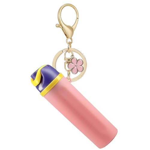 ERTUNA Mini Trendy Bottle Keychain Accessories Compatible with Owala Water Bottle, Cute Tumbler Cup Chapstick Lip Balm Holder Charms for Purse Handbag - PinkPurple Flower