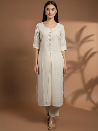 Image of Varanga Women Off-White Half-Sleeve Buttoned Kurta