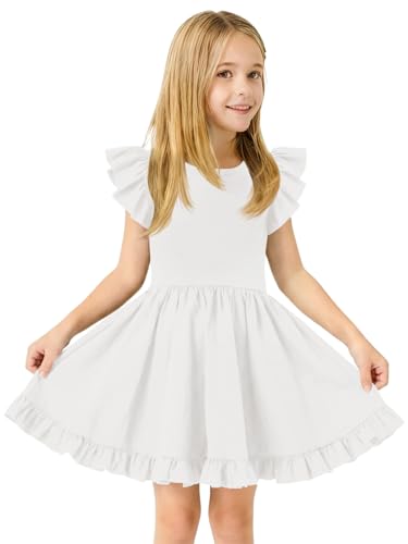 Haloumoning Toddler Baby Girl Summer Dress Little Kids Cute Ruffle Sleeve A-Line Flowy Beach Dresses 9M-8Y White