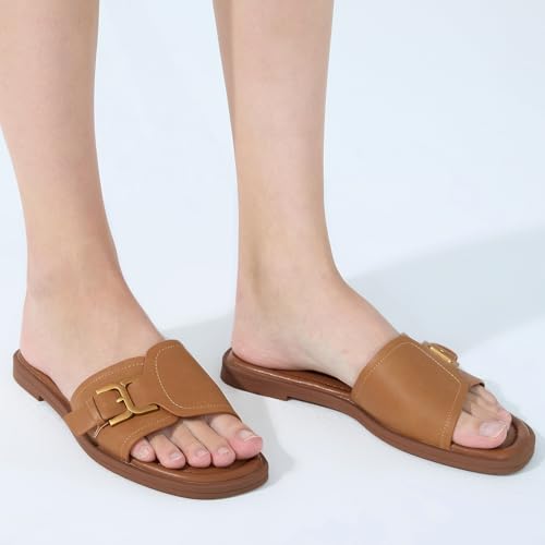 Image of UBFEN Womens Square Toe Flat Sandals Slides Dressy Comfortable for Beach