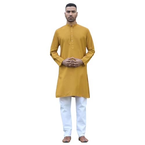 Image of KRAFT INDIA Men's Cotton Solid Kurta With Drawstring Pyjama Set