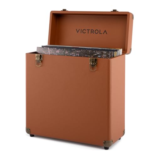 Image of Victrola Collector II - Vinyl Record Storage Case, Holds 30+ LPs - Brown | Vinyl record storage case, holds 30+ 12 inch LPs or 15+ gatefolds, two latching clasps, carry handle, soft-lined interior
