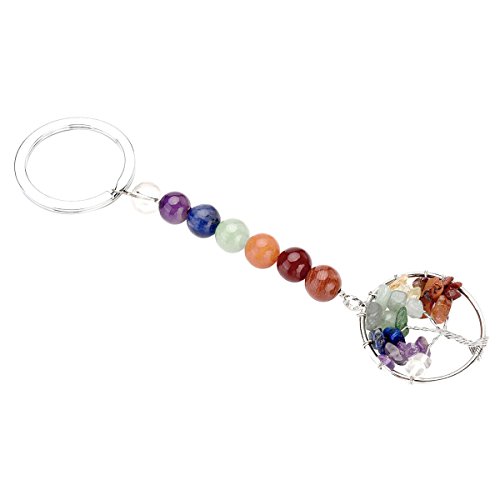 QGEM Unisexe Porte Clé Original Femme Homme Pendentif d'arbre de Vie en Energie Chakra Pierre Rond Perle Porte Bonheur(Multicolore)