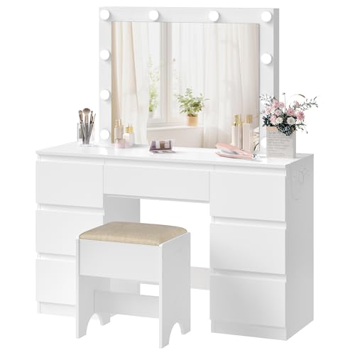 WOLTU Coiffeuse avec Miroir LED, Tabouret, Multiprise, Luminosité Réglable, Table de Maquillage avec 7 Tiroirs, 110x39,5x140,5 cm, Commode Chambre Blanc
