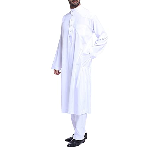 Midiskye Prayer Clothing For Men Muslim Dress Dubai Robe Shirt Button-Down Casual Shirts Kaftan Middle East Arabic Thobe Shirts Islamic Turkish Clothing Umrah Gift Pastor Costume, White4, L