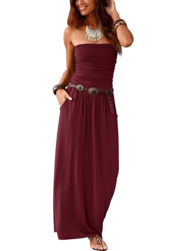 Image of Alaster Queen Women's Strapless Bandeau Summer Long Floral Dress Off Shoulder Beach Maxi Dress with Pockets