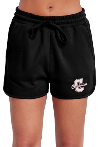College of Charleston School Logo Women's Casual Drawstring Cotton Sweat Shorts with Pockets, Black, Small