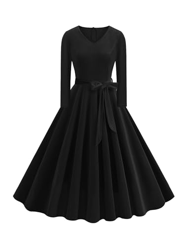 Robe de cocktail rétro en velours col en V avec ceinture pour Noël