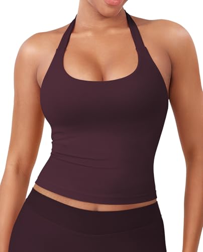 Image of YEOREO SoftHue Women's Impact Halter Tank Top Longline Backless Scoop Neck Built-in Bra Sports Workout Gym Crop Top
