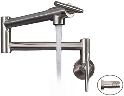 Blovtoo 20'' Pot Filler Faucet, Brushed Nickel Pot Filler Faucet Over Stove, Wall Mount Folding Water Faucet Over Stove, 304 Stainless Steel Double Joint Swing Arm with Single Hole, 2 Handles