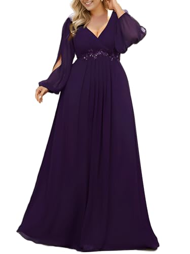 Ever-Pretty V Neck Long Sleeves Applique Chiffon Plus Size Long Formal Evening Dresses Floor Length Ball Gown Dress Women