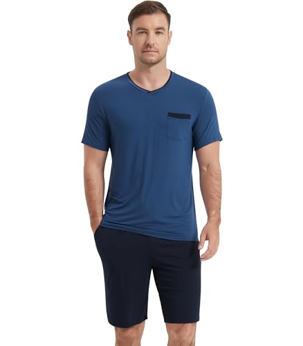 Image of NACHILA Men's Pajamas Set-Viscose Made from Bamboo, Short Sleeve Sleepwear Soft Pjs with Shorts V Neck Loungewear Sets
