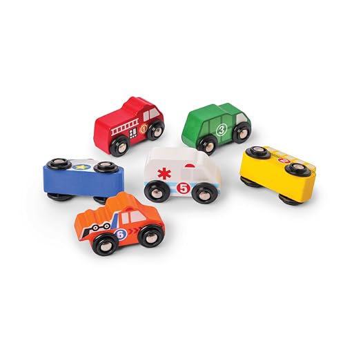 KIDS KINDLY Mini Vehicle Wooden Toys - Age 3 & Set of 6 Ambulance Wooden Small Toys for Kids, Cars Set Classic Rescue & Construction Vehicles Driving Cars for Boys Girls Educational Plays