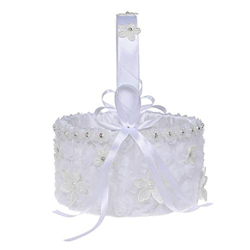 Daxin Lace Wedding Flower Girl Basket for Western Style Wedding Ceremony Party Supplies Classic and Elegant Round Basket with Handle