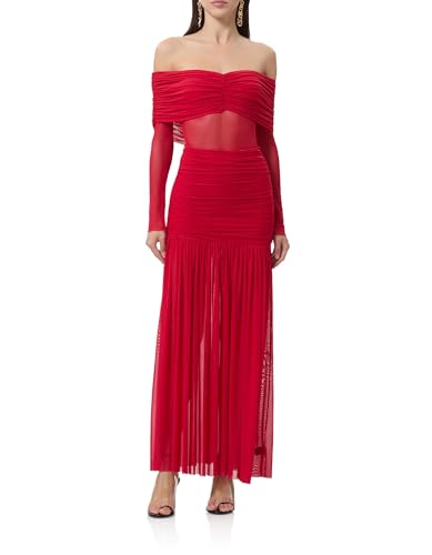 AFRM Women's Emmeline Off the Shoulder Ruched Mesh Long Sleeve Bodycon Maxi Dress, Kiss Red, Large