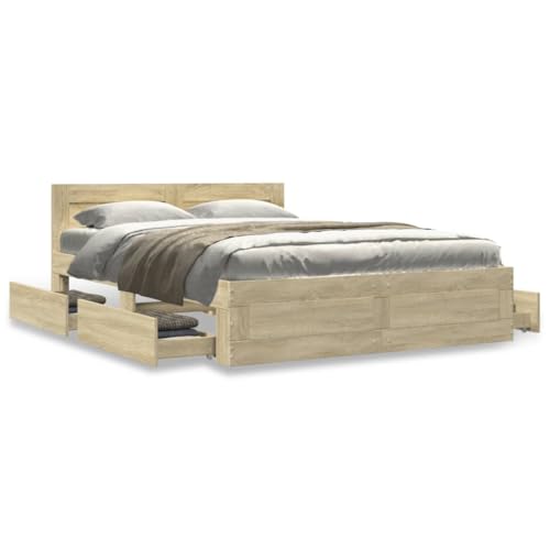 Festnight Letto 120x190 con Cassetti in Legno Multistrato, Contenitore Matrimoniale Singolo Rovere Sonoma, Struttura con Giroletto
