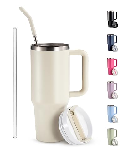 Image of KooK Tumbler with Straw and Handle, 40 Oz, Stainless Steel, Vacuum Insulated Travel Coffee Mug, Reusable Double Walled Water Bottle, Keeps Hot or Cold (Antique White)
