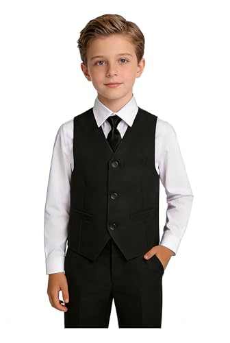 Image of YuanLu Toddler Boys Formal Suits Set,Vest Pants Dress Shirt and Tie for Kids Boy Wedding Ring Bearer Oufit