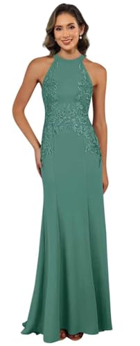 Image of KDTM Satin Lace Mother of The Bride Dresses Long Halter Sleeveless Formal Dresses for Women Wedding Guest