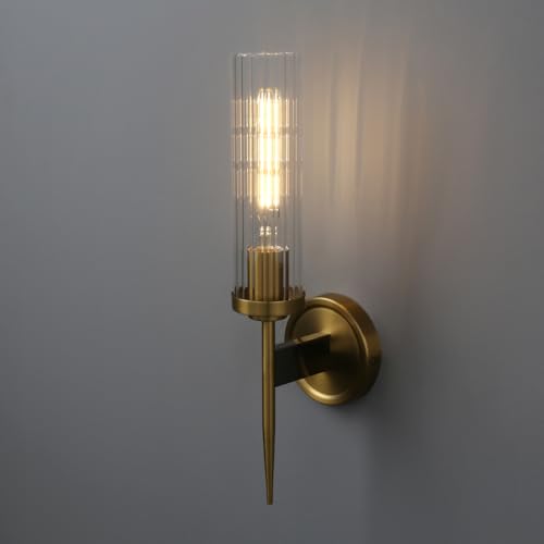Image of PERMO Vintage Antique Sconces Brass Gold Single Wall Sconce Light Fixture with 2.8 inch Cylindrical Clear Glass Shade for Living Room Home Office Entryway