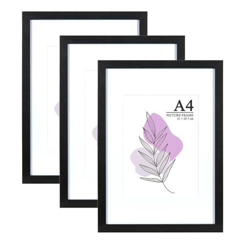 Baoee Black Picture Frame A4with Mount,Set of 3, photo frame with acrylic glass,A4 Frame,A4 Picture Frame,A4 Poster Frame,A4 certificate frame,Freestanding and Wall Mountable