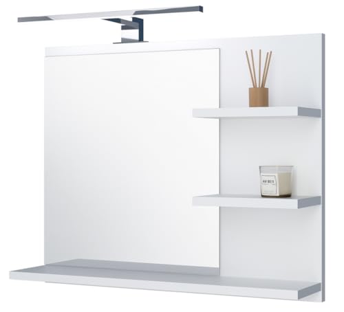 Miroir de Salle de Bain avec 3 étagères, uspendu - Mural, pour Le Couloir, pour la Chambre, pour la Salle de Bain, Blanc 60X50 cm. Lampe LED - Droite