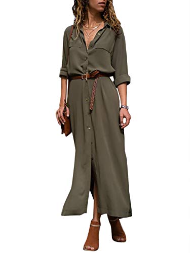 Minetom Damen Langarm Blusenkleid V-Ausschnitt Elegant Lang Hemdkleid...