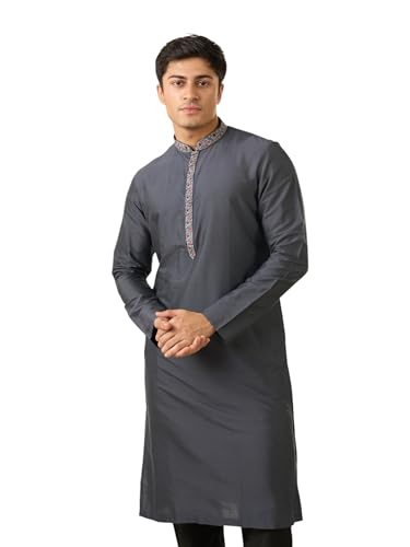 Image of DIWAS BY MANYAVAR Men's Viscose Blend Solid Neckline Floral Embroidery Kurta (1pc)