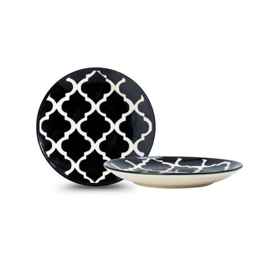 Image of Charcoal Black Ceramic Round Plates - Set of 2 (7.28 inch) | Microwave, Oven & Dishwasher Safe | Perfect for Dessert, Salad & Small Meals | Elegant Porcelain Dish | Ideal for Gifting