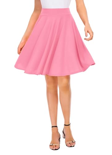 Image of EXCHIC Women's Casual Stretchy Flared Mini Skater Skirt Basic A-Line Pleated Midi Skirt