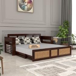Image of Kunjal Furniture Solid Sheesham Wood Sofa Cum Bed with Storage for Living Room | Natural Finish | 3-Seater Convertible Sofa Bed | Handmade Wooden Furniture (Walnut, Modern)