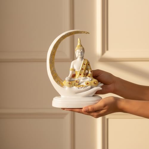 Image of HindCraft Buddha Moon Showpiece for Home Decor - Meditating Buddha Statue with Crescent Moon Design for Living Room, Office Desk, Meditation Room, Spiritual Decorative Gift Item
