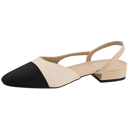 Slingback Flats for Women, Low Heel Mary Jane Flats with Square Pointed Toe, Splicing Dress Shoes with Thick Memory Foam