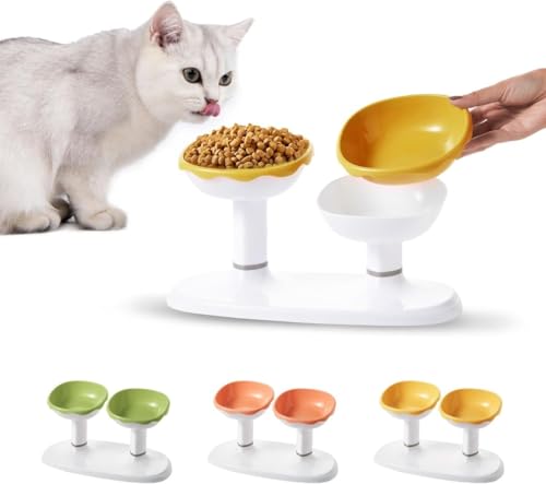YAKINO 猫と犬用食器 ペット用食器ホルダー フードボウル 高さ調節可能 10°傾斜スタンド リフト式 滑り止め脚付き (イエロー)