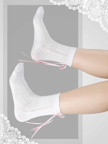 6 Pairs Women's Ruffle Ankle Socks White Cotton Lace Frilly Socks with Bow for Princess Lolita Ladies Women2