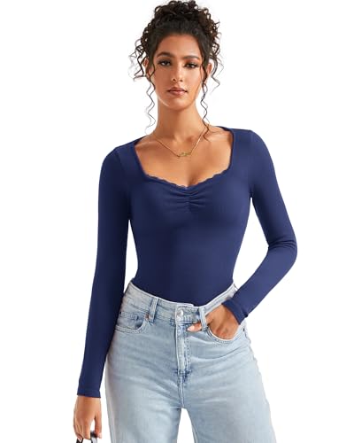 Image of SUUKSESS Women Sweetheart V Neck Long Sleeve Tops Lace Trim Ribbed Modal Fall Going Out Shirts